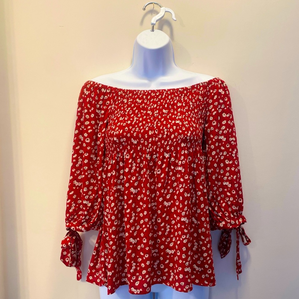 Red floral off the shoulder blouse